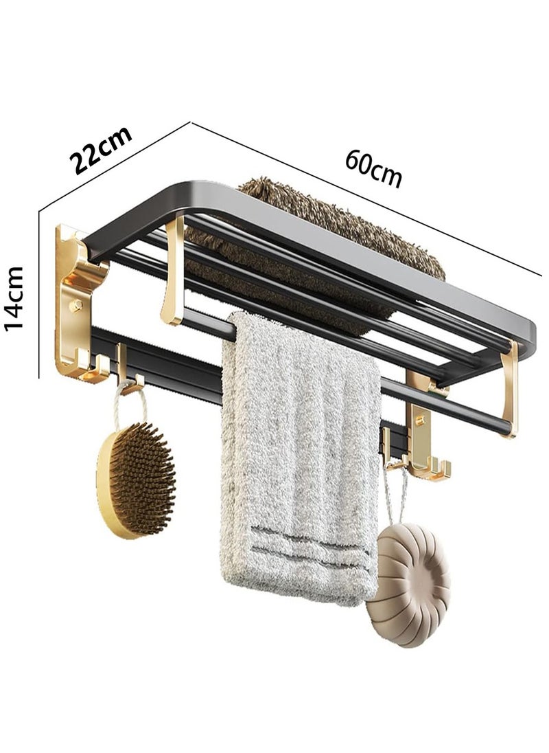 Bathroom Shelf,  Foldable Towel Rack with Shelf and Hooks,  Wall Mounted Towel Hanger for Restroom, Closets, 60cm