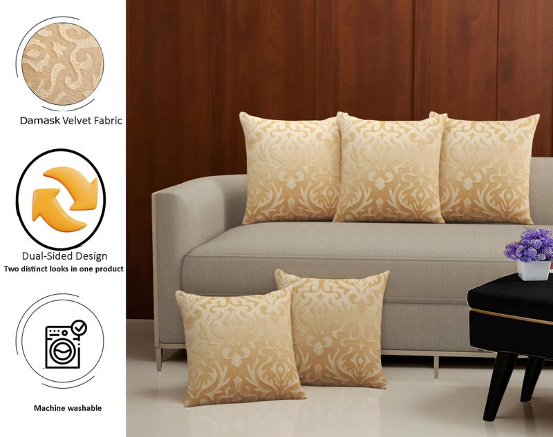 STARNSTYLE Velvet Decorative Cushion Cover 12x12 Inch - Set of 5, Soft Solid Damask Square Throw Pillow Covers for Sofa, Living Room or Home Decor - 30x30 cm Beige - Image 2