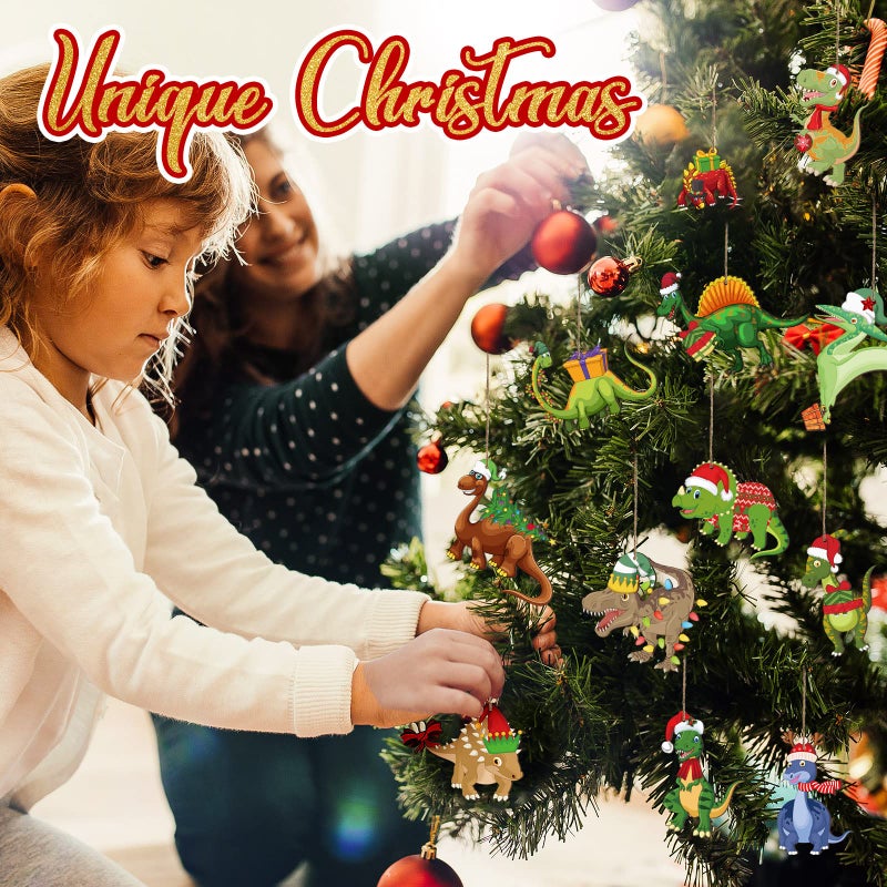 Queekay 48 Pieces Christmas Dinosaur Ornament Dinosaur Figures Decorative Hanging Ornaments Funny Wood Dinosaur Ornaments Tree Xmas Ornaments Set for Boys Girls Christmas Holiday Party (Dinosaur) - Image 4