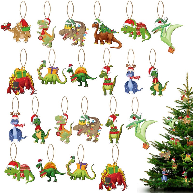 Queekay 48 Pieces Christmas Dinosaur Ornament Dinosaur Figures Decorative Hanging Ornaments Funny Wood Dinosaur Ornaments Tree Xmas Ornaments Set for Boys Girls Christmas Holiday Party (Dinosaur) - Image 1