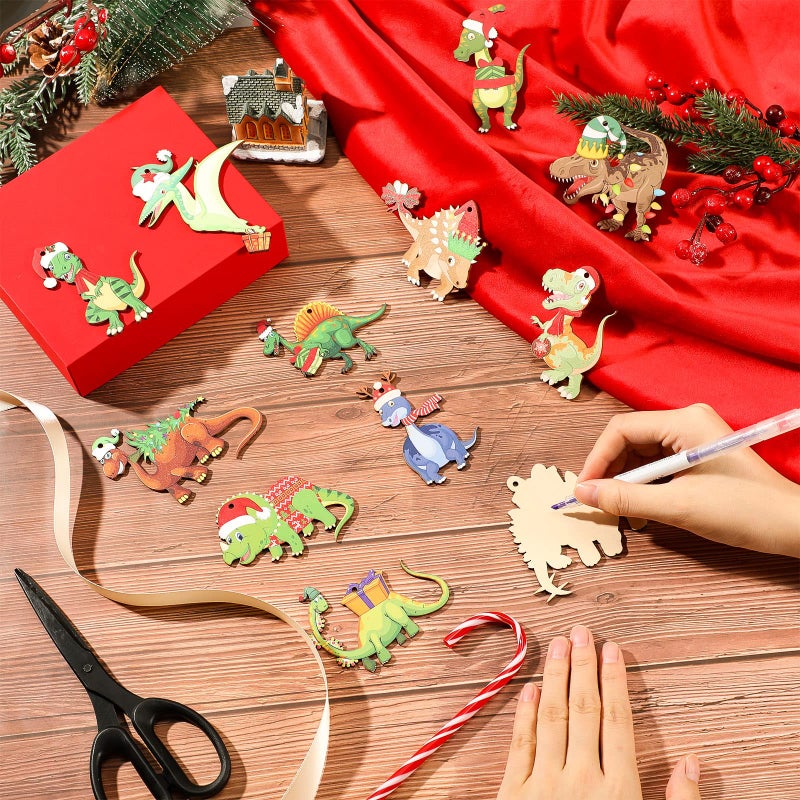 Queekay 48 Pieces Christmas Dinosaur Ornament Dinosaur Figures Decorative Hanging Ornaments Funny Wood Dinosaur Ornaments Tree Xmas Ornaments Set for Boys Girls Christmas Holiday Party (Dinosaur) - Image 5