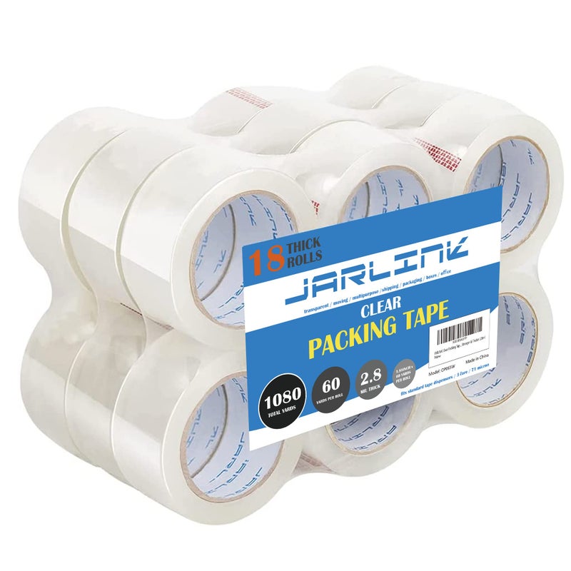 شريط تعبئة شفاف JARLINK 18 لفة شريط تعبئة ثقيل للتغليف والشحن والتحريك والتغليف أقوى وأسمك 28mil عرض 188 بوصة 60 ياردة لكل لفة 1080 ياردة إجمالية