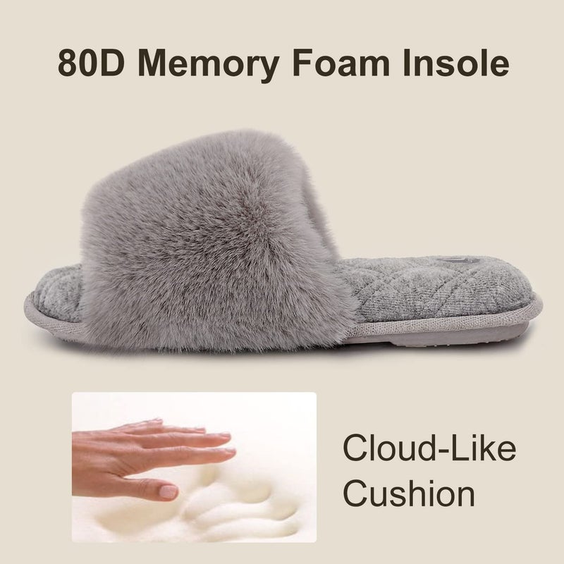 LongBay Women's Open Toe Slippers Fuzzy Fluffy Memory Foam Comfy Slip On Indoor Bedroom Home Slide (X-Large /11-12, Gray) - Image 4