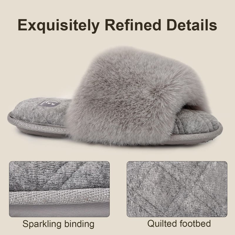 LongBay Women's Open Toe Slippers Fuzzy Fluffy Memory Foam Comfy Slip On Indoor Bedroom Home Slide (X-Large /11-12, Gray) - Image 3