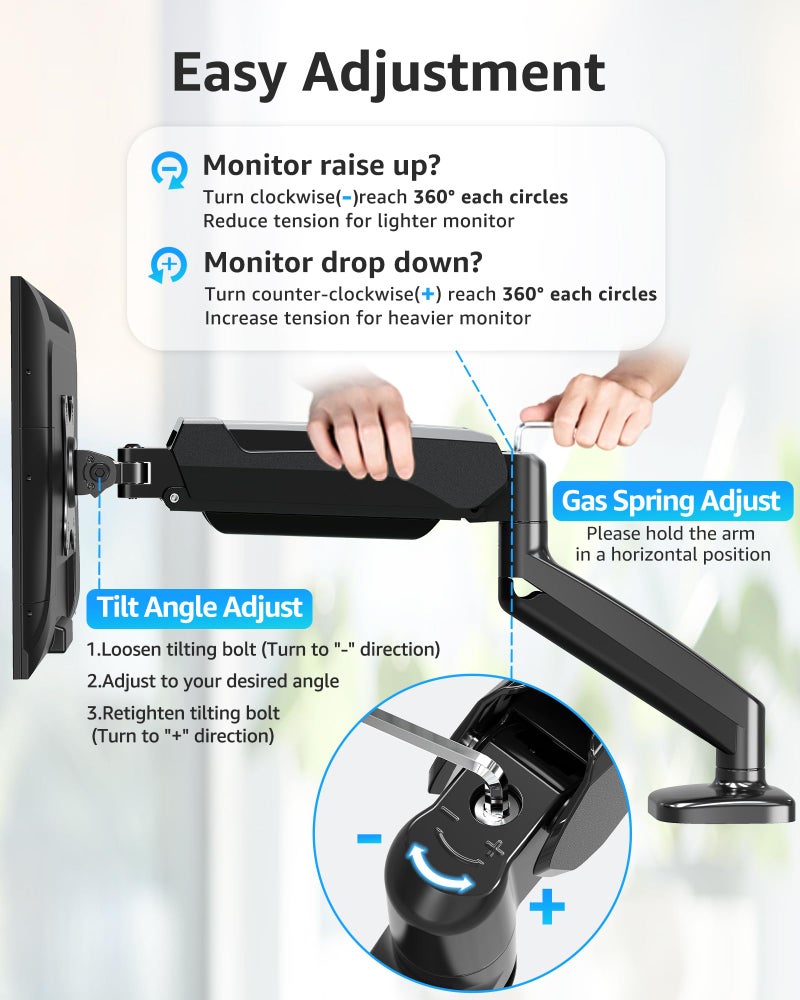 MOUNTUP Single Monitor Desk Mount, Adjustable Gas Spring Monitor Arm Support Max 32 Inch Screen, Computer Monitors Stand with Clamp/Grommet Mounting Base, VESA Mounts Fit 4.4-17.6lbs Computer, Black - Image 2