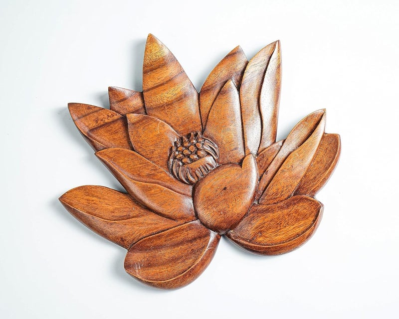 KVEER kveer SS Art Solid Wood Lotus Flower Wall Art Wood Carving Room Decor Honey Finish  - Image 2