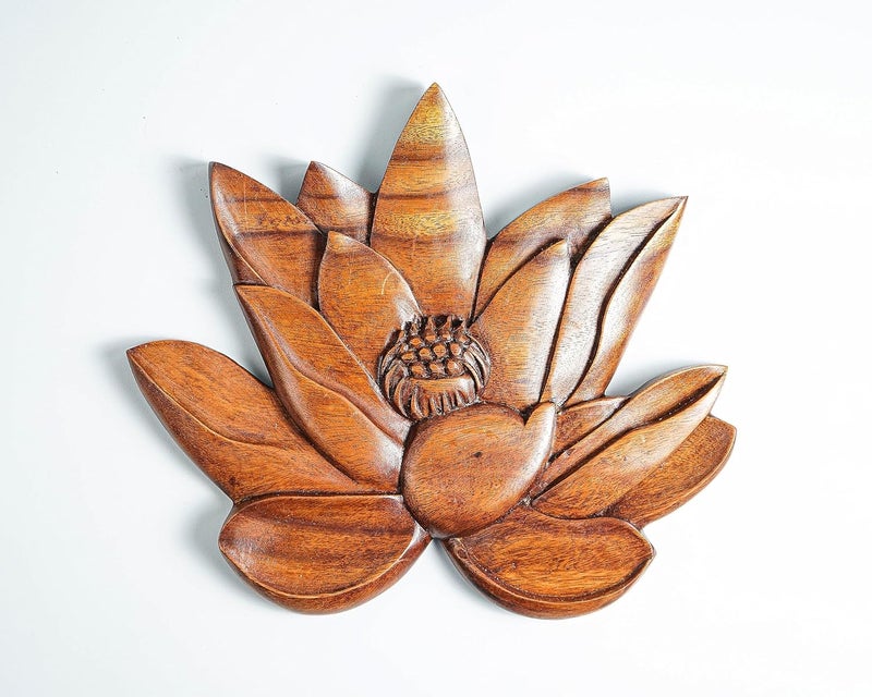KVEER kveer SS Art Solid Wood Lotus Flower Wall Art Wood Carving Room Decor Honey Finish  - Image 1