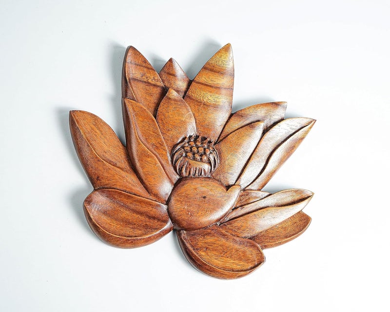 KVEER kveer SS Art Solid Wood Lotus Flower Wall Art Wood Carving Room Decor Honey Finish  - Image 3