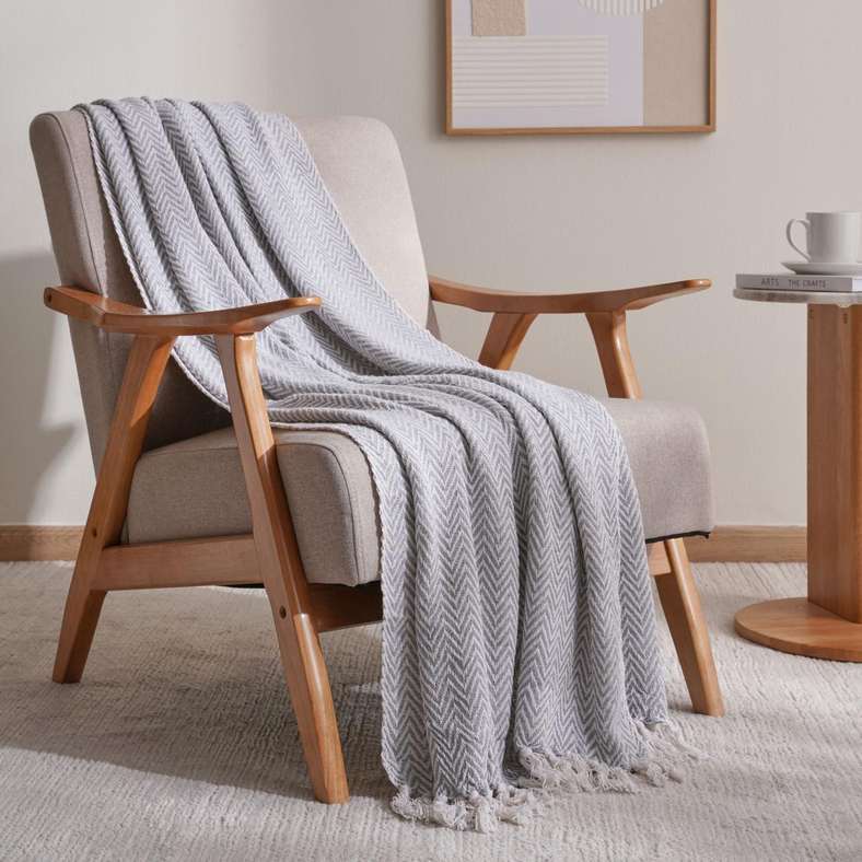 Pan Home بطانية رمادية من القطن المنسوج