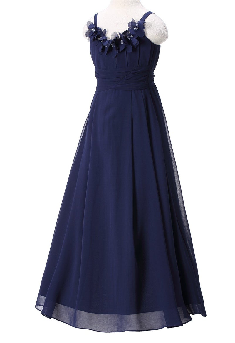 Happy Rose Flower Girls Dresses Junior Bridesmaids Camisole Girls Elegant Ruffle Chiffon Ankle Length Navy 16 - Image 3