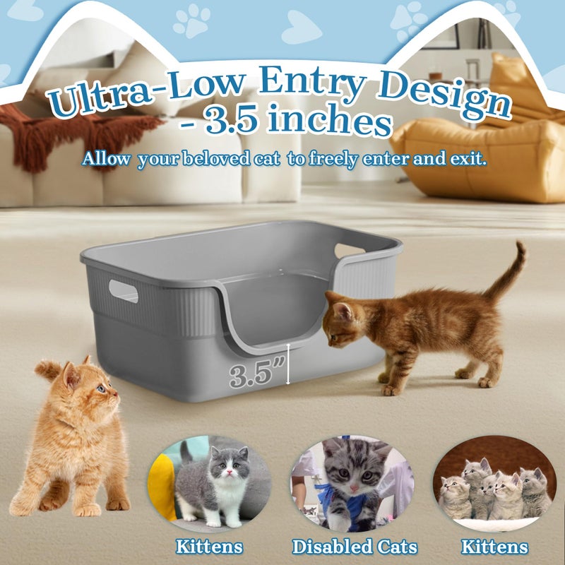 Tehoao Low Entry Kitty Litter Box for Small Cats, Kittens Litter Boxes with High Sides, Open Top, Anti-Splash Plastic Litter Pan for Medium Pets, Easy to Clean, 16.5" L*11.8" W*7" H (Grey) - Image 2