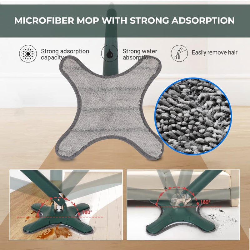 US1984 Upgraded X Shape HandsFree Squeeze Microfiber Flat Spin Mop System Mop Set with Microfiber Washable Pad Best 360 Degree Easy Floor Cleaning for Home Office Green - Image 3