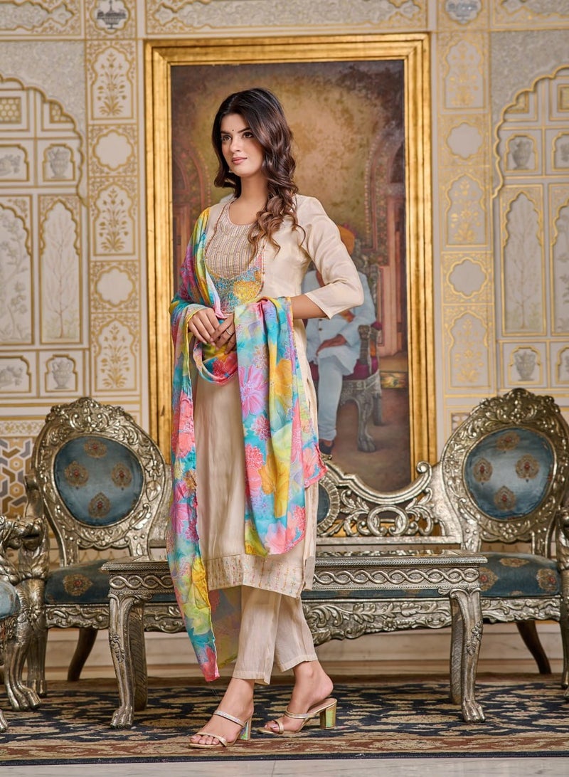 Women Chanderi CREAM Kurta with Pant and Digital Print Dupatta Set  - Image 2
