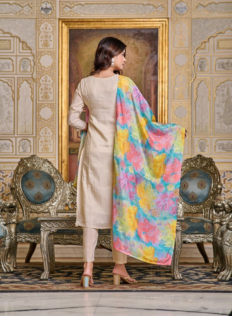 Women Chanderi CREAM Kurta with Pant and Digital Print Dupatta Set  - Image 3