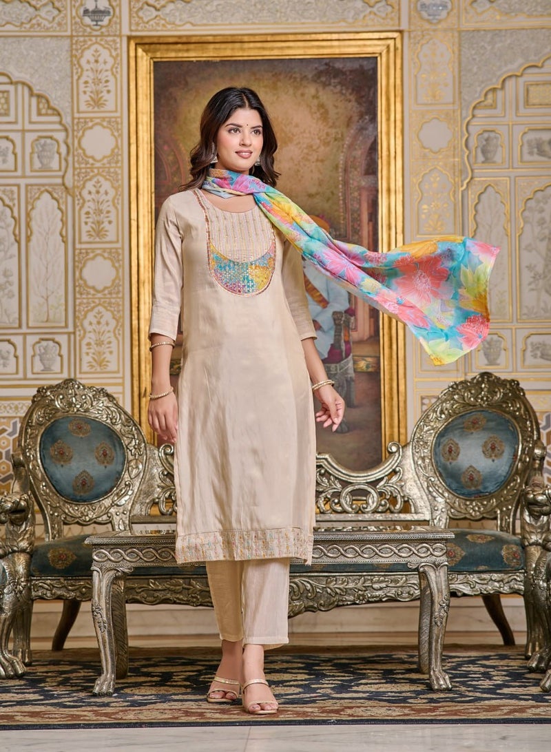 Women Chanderi CREAM Kurta with Pant and Digital Print Dupatta Set  - Image 5