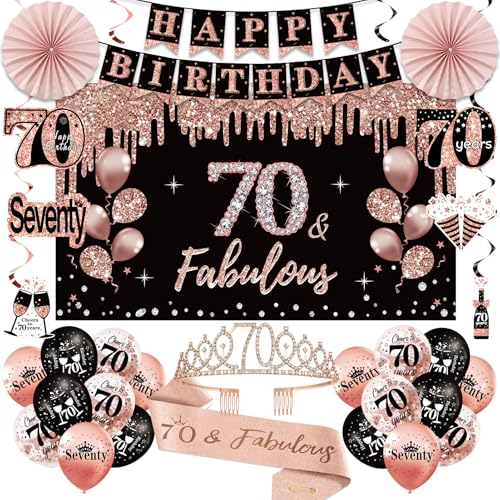Uiorgui 70th Birthday Decorations for Women 33pcs Kit with Crown Sash Banner Backdrop Balloons Swirls Fans in Rose Gold Black - Image 1