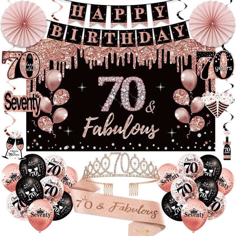 Uiorgui 70th Birthday Decorations for Women 33pcs Kit with Crown Sash Banner Backdrop Balloons Swirls Fans in Rose Gold Black - Image 2