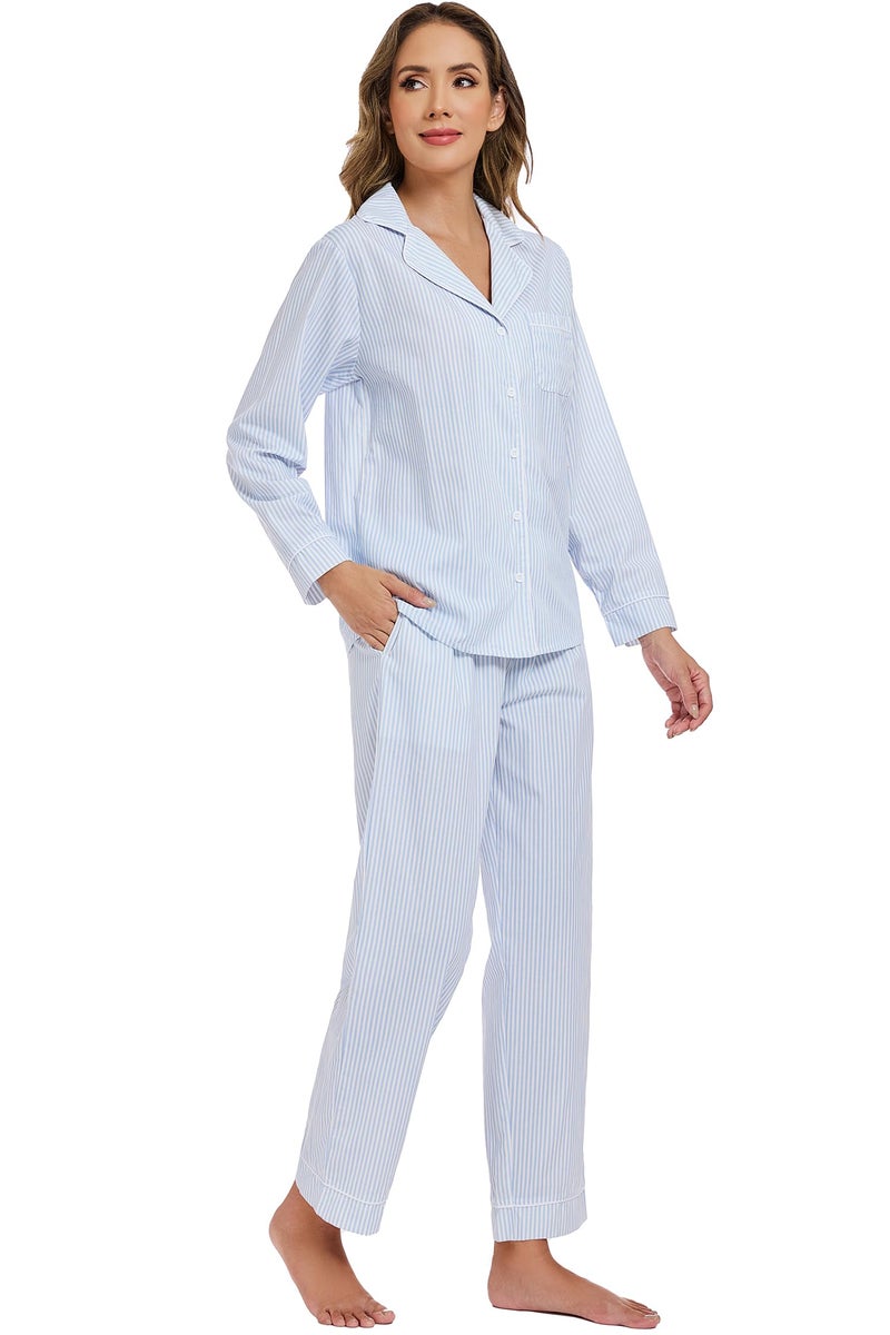 LUBOT 100% Cotton Pajamas for Women 2 Piece PJ Set Poplin Pajama Set Woven Long Sleeve Button-Down Printed Sleepwear Loungewear Set (Light Blue Pinstripe, M) - Image 5