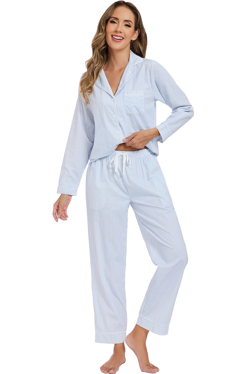 LUBOT 100% Cotton Pajamas for Women 2 Piece PJ Set Poplin Pajama Set Woven Long Sleeve Button-Down Printed Sleepwear Loungewear Set (Light Blue Pinstripe, M) - Image 3