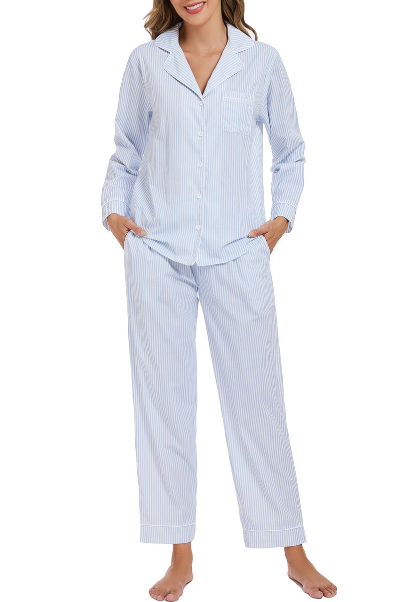 LUBOT 100% Cotton Pajamas for Women 2 Piece PJ Set Poplin Pajama Set Woven Long Sleeve Button-Down Printed Sleepwear Loungewear Set (Light Blue Pinstripe, M) - Image 1