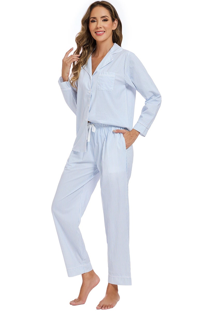 LUBOT 100% Cotton Pajamas for Women 2 Piece PJ Set Poplin Pajama Set Woven Long Sleeve Button-Down Printed Sleepwear Loungewear Set (Light Blue Pinstripe, M) - Image 4