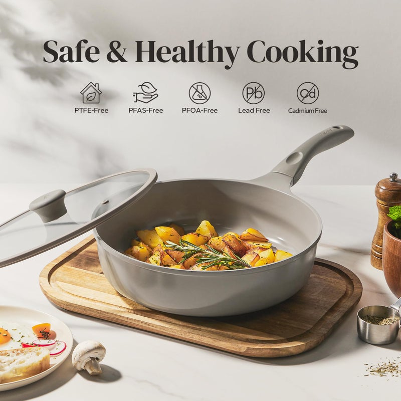 Redchef Ceramic Coated Nonstick Frying Pan with Cover, Large Deep Saute Pan Skillet, Induction Ready, Dishwasher Safe, PFOA PFOS Free, Non Toxic, Glass Lid Large Deep Frying Pan, Grey (5.5Qt, 12") - Image 2