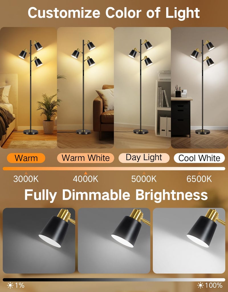 OUTON LED Tree Floor Lamp, Modern Dimmable Standing Lamp with Remote & Touch Control, 4 Color Temperatures, 3 Rotatable Lights Floor Lamps for Living Room, Bedroom, Office, Black & Gold - Image 2