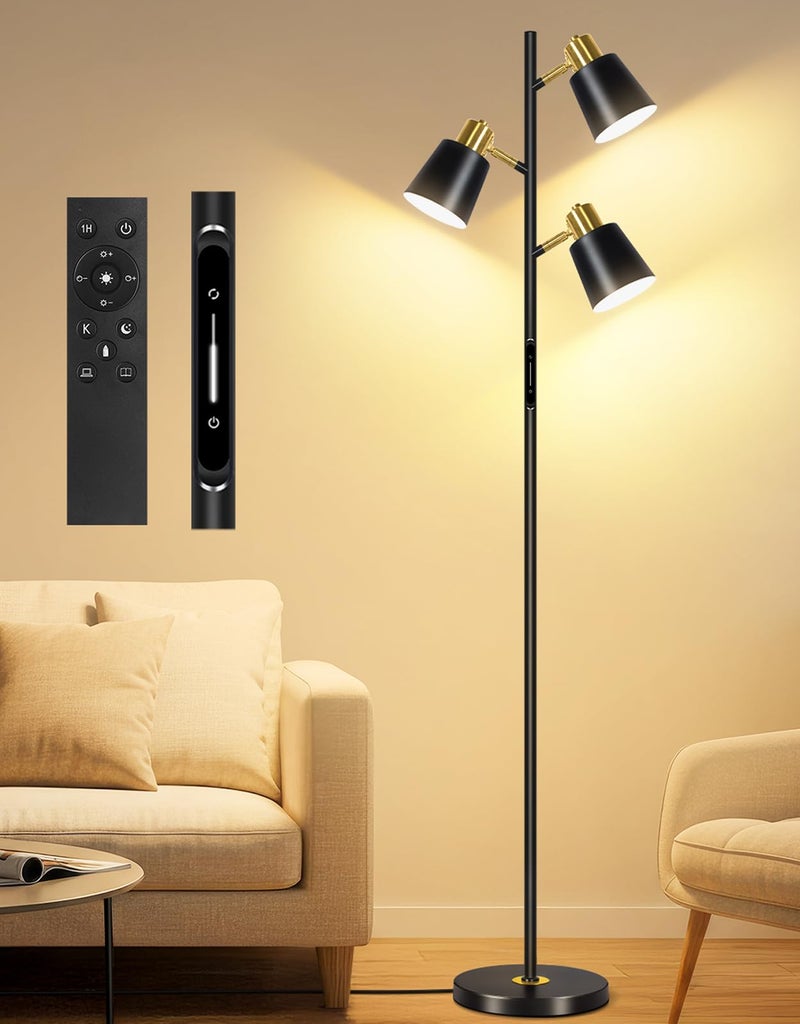 OUTON LED Tree Floor Lamp, Modern Dimmable Standing Lamp with Remote & Touch Control, 4 Color Temperatures, 3 Rotatable Lights Floor Lamps for Living Room, Bedroom, Office, Black & Gold - Image 1