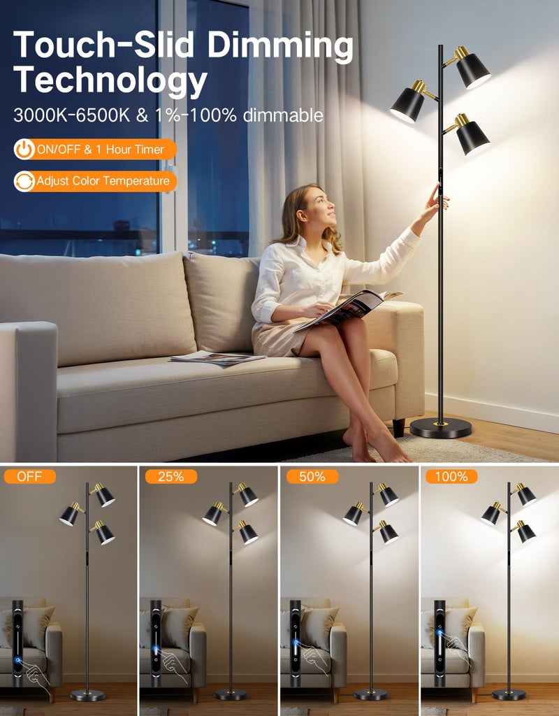 OUTON LED Tree Floor Lamp, Modern Dimmable Standing Lamp with Remote & Touch Control, 4 Color Temperatures, 3 Rotatable Lights Floor Lamps for Living Room, Bedroom, Office, Black & Gold - Image 3