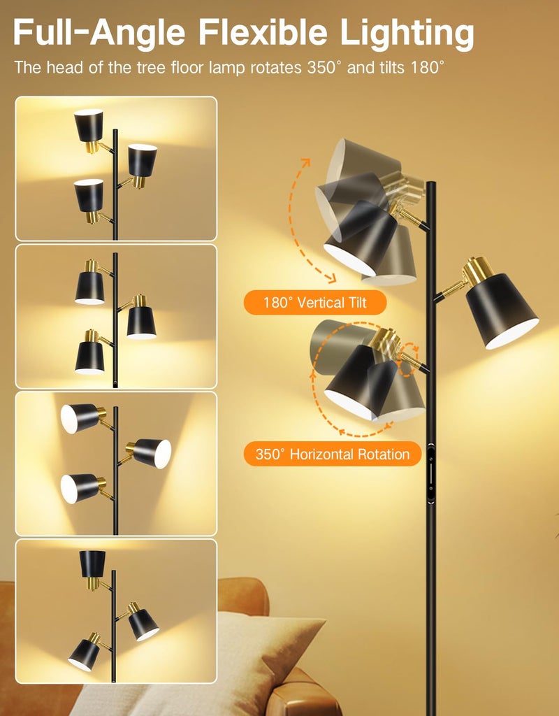 OUTON LED Tree Floor Lamp, Modern Dimmable Standing Lamp with Remote & Touch Control, 4 Color Temperatures, 3 Rotatable Lights Floor Lamps for Living Room, Bedroom, Office, Black & Gold - Image 4