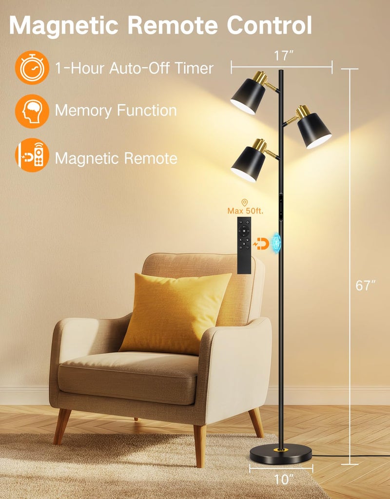 OUTON LED Tree Floor Lamp, Modern Dimmable Standing Lamp with Remote & Touch Control, 4 Color Temperatures, 3 Rotatable Lights Floor Lamps for Living Room, Bedroom, Office, Black & Gold - Image 5