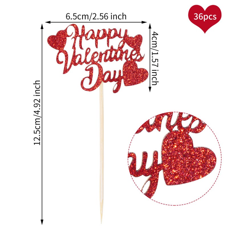 SUMERSHA 36Pcs Happy Valentine's Day Cupcake Toppers Red Glitter Heart Cupcake Picks Valentine Theme Birthday Cake Decorations Party Supplies - Image 2