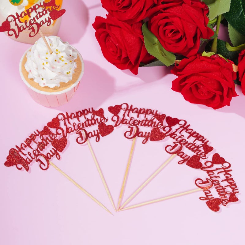 SUMERSHA 36Pcs Happy Valentine's Day Cupcake Toppers Red Glitter Heart Cupcake Picks Valentine Theme Birthday Cake Decorations Party Supplies - Image 5