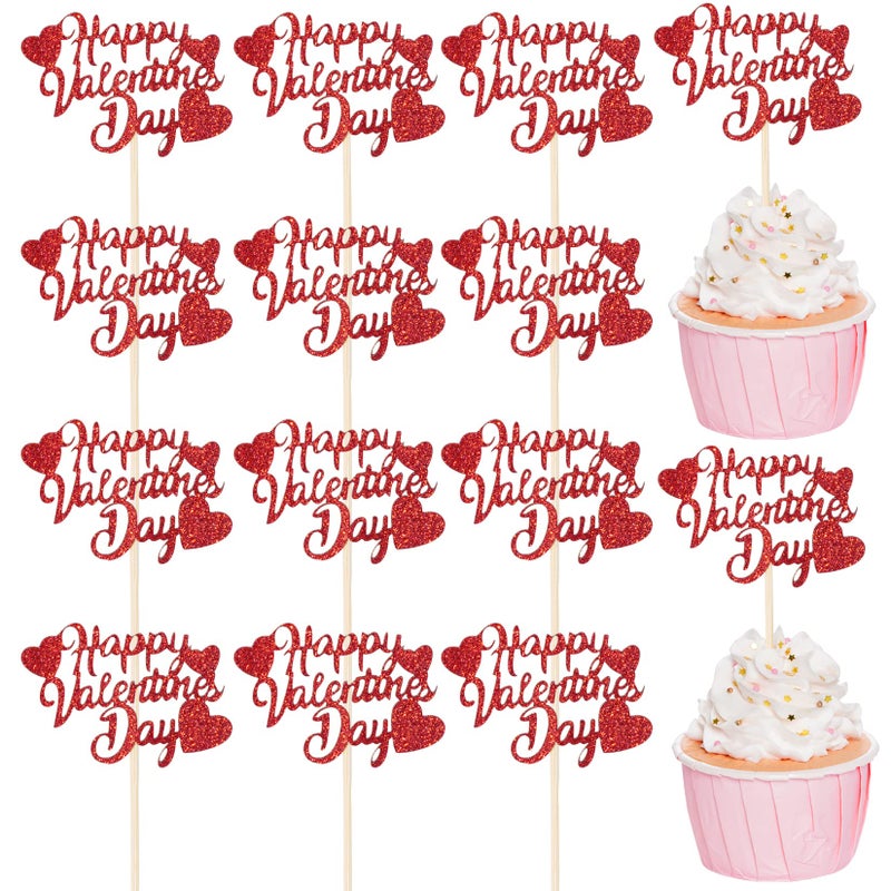 SUMERSHA 36Pcs Happy Valentine's Day Cupcake Toppers Red Glitter Heart Cupcake Picks Valentine Theme Birthday Cake Decorations Party Supplies - Image 1