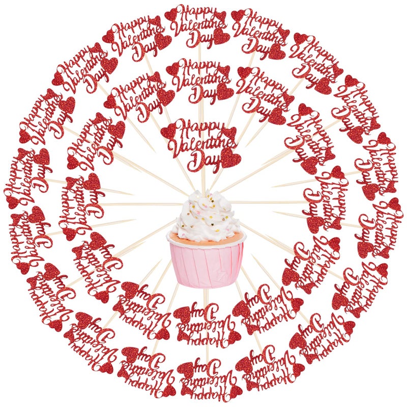 SUMERSHA 36Pcs Happy Valentine's Day Cupcake Toppers Red Glitter Heart Cupcake Picks Valentine Theme Birthday Cake Decorations Party Supplies - Image 3
