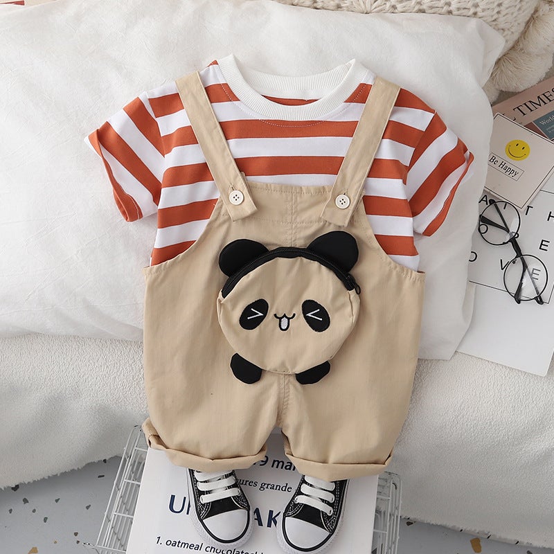 2024 new summer boys round neck striped cotton short sleeve panda embroidered suspender pants two-piece set factory wholesale Orange Red