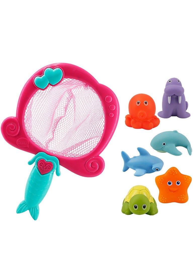 PureTuti 7Pcs Baby Bath Toys, Scoop Net Fish Pool Toys with Spray, Sounds, Color Changing Toddler Bathtub Toys - Image 1