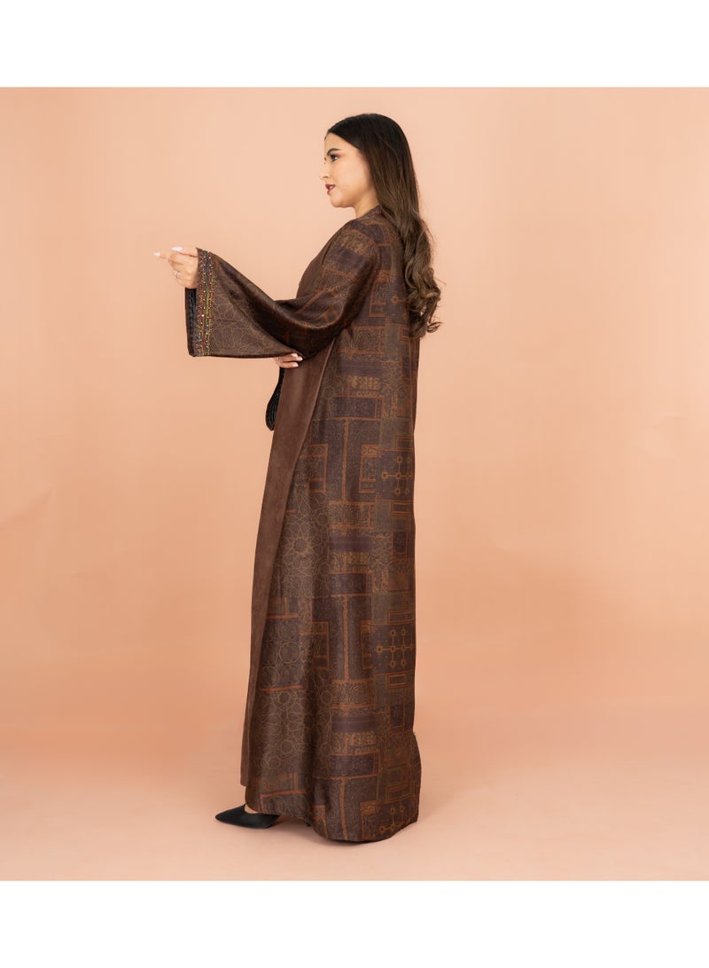 IKKXA Luxury Colorful Embroidery Wide Sleeves Solid Winter Jalabiya IK1064 Brown - Image 3