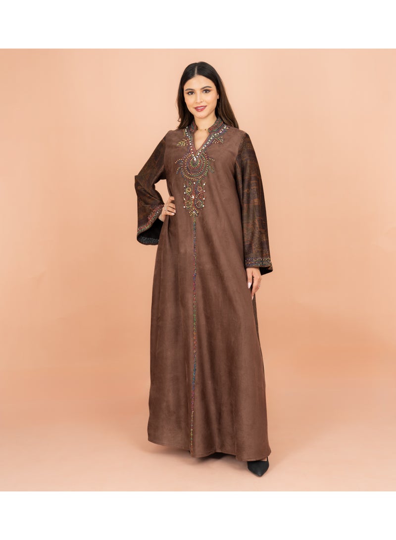 IKKXA Luxury Colorful Embroidery Wide Sleeves Solid Winter Jalabiya IK1064 Brown - Image 1
