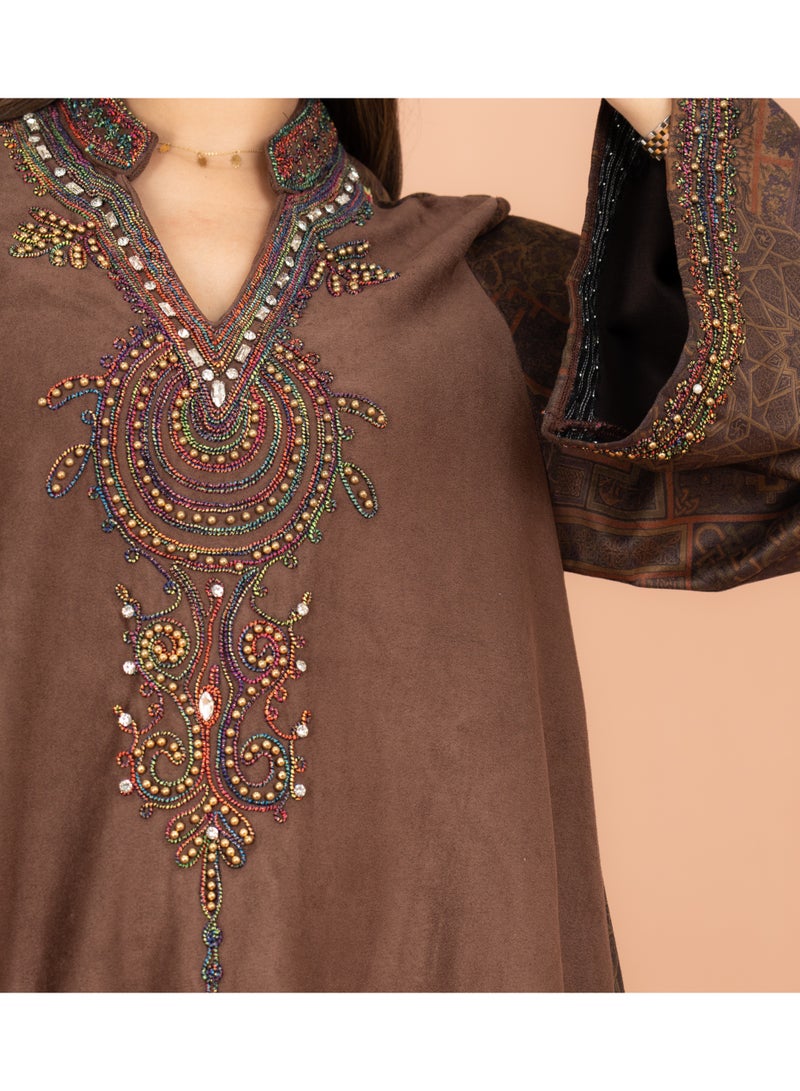 IKKXA Luxury Colorful Embroidery Wide Sleeves Solid Winter Jalabiya IK1064 Brown - Image 2