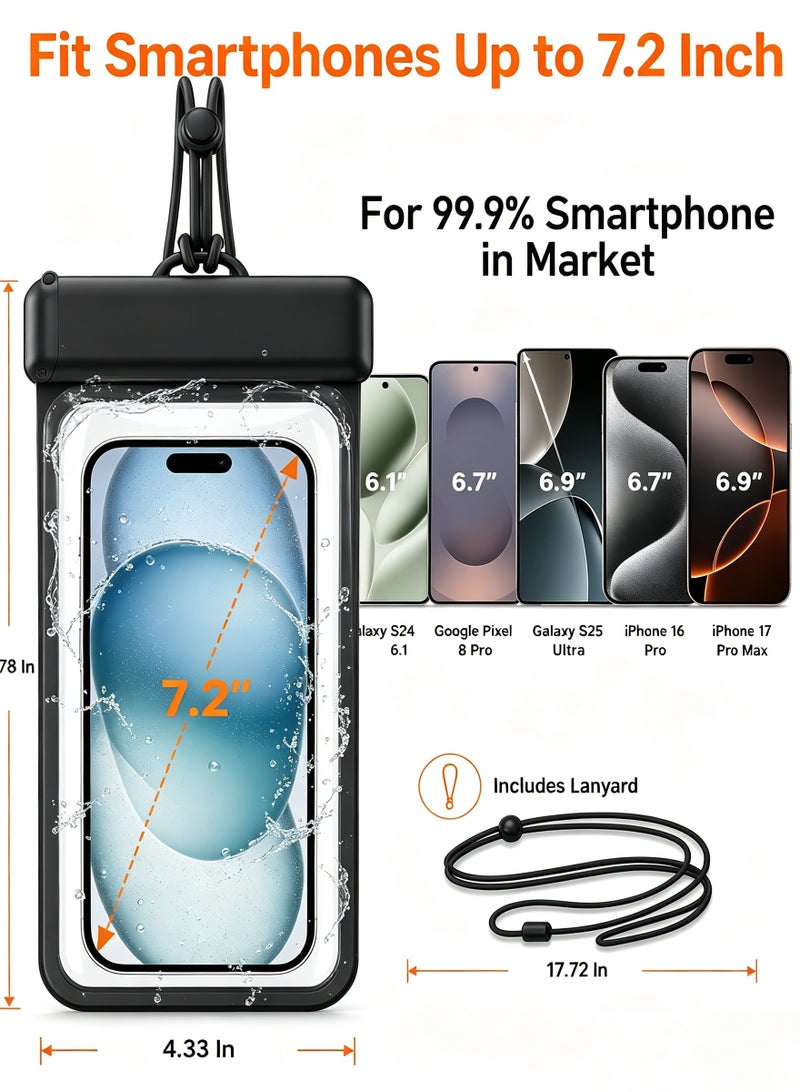 2 Pack Waterproof Phone Case IPX8 Certified 30M Universal Waterproof Phone Pouch Case Cellphone Dry Bag Case Fit for up to 7.2'' Compatible with iPhone 16/15/14/13/12 Pro Max Samsung Galaxy S24/S23/S22 Ultra for Swimming & Beach (Clear) - Image 3