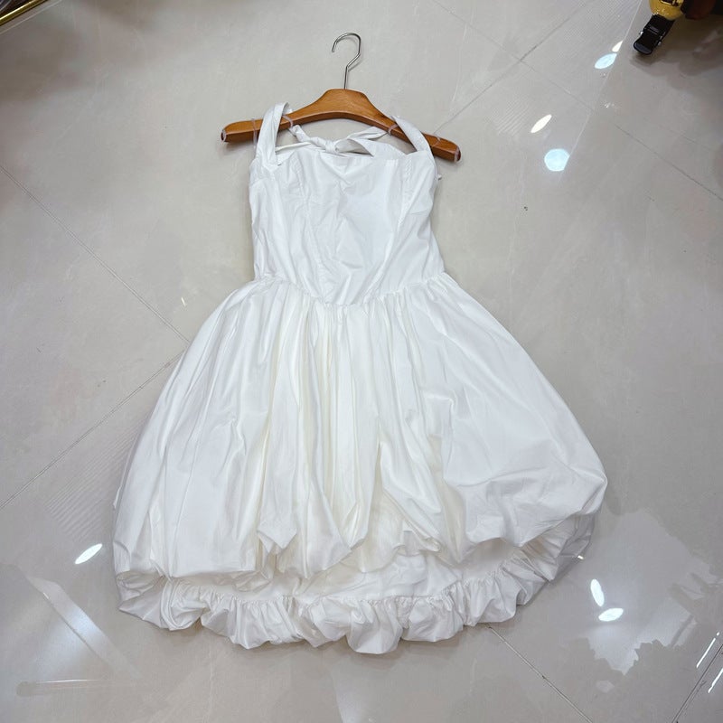 French Design Polka Dot Print Halter Bow Bubble Dress - Image 3
