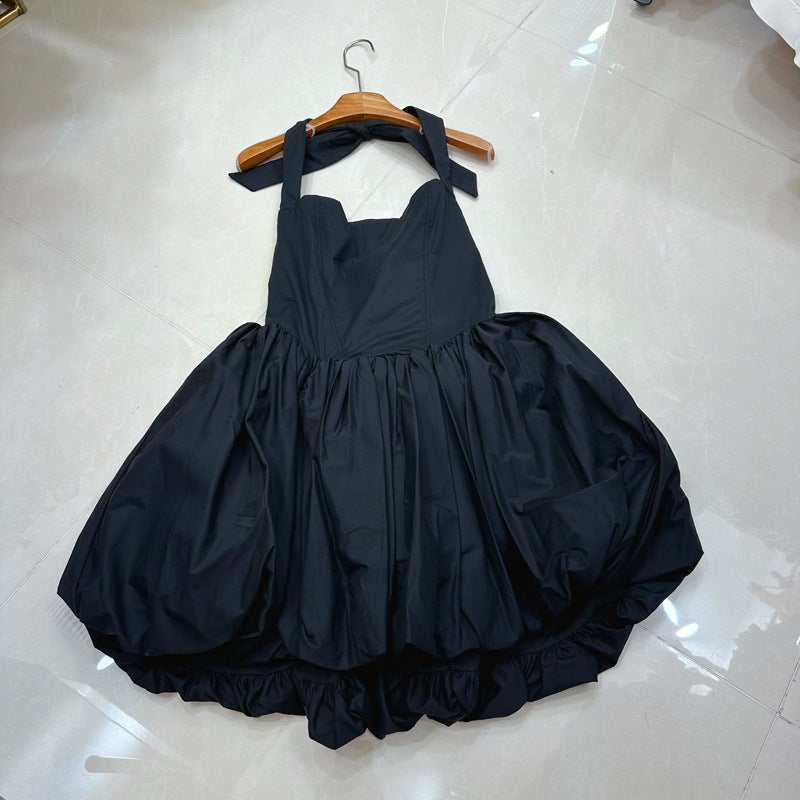 French Design Polka Dot Print Halter Bow Bubble Dress - Image 4