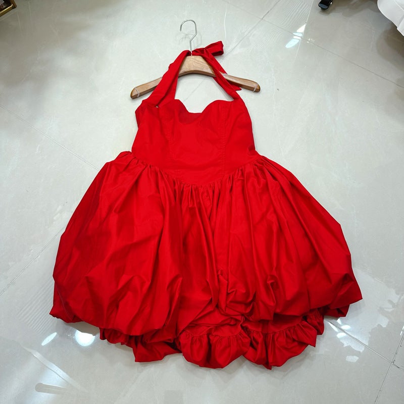 French Design Polka Dot Print Halter Bow Bubble Dress - Image 5
