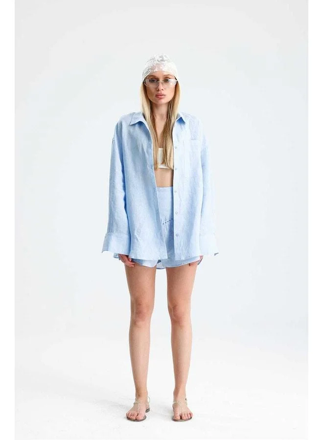 GACACOLLECTION LAPIS Short Skirt Shirt Linen Blue Set.