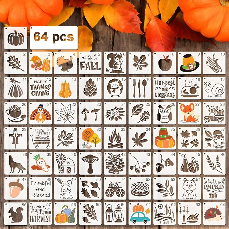 Thanksgiving Stencils: 64 Pcs 3x3 Inch Reusable PET Plastic Stencils - Durable Washable Stencils for Fall Themed DIY Projects Wood Signs Wall Art Fabric Painting Beginners Crafters - Image 1