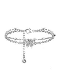 Butterfly Layered Anklets Bracelet, Diamond Butterfly Double Layer Anklet, Adjustable Double Layer Beach Foot Jewelry Summer Anklet, for Women Girls, 1Pcs