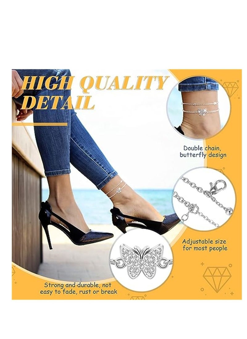 SYOSI - Butterfly Layered Anklets Bracelet, Diamond Butterfly Double Layer Anklet, Adjustable Double Layer Beach Foot Jewelry Summer Anklet, for Women Girls, 1Pcs - Image 1