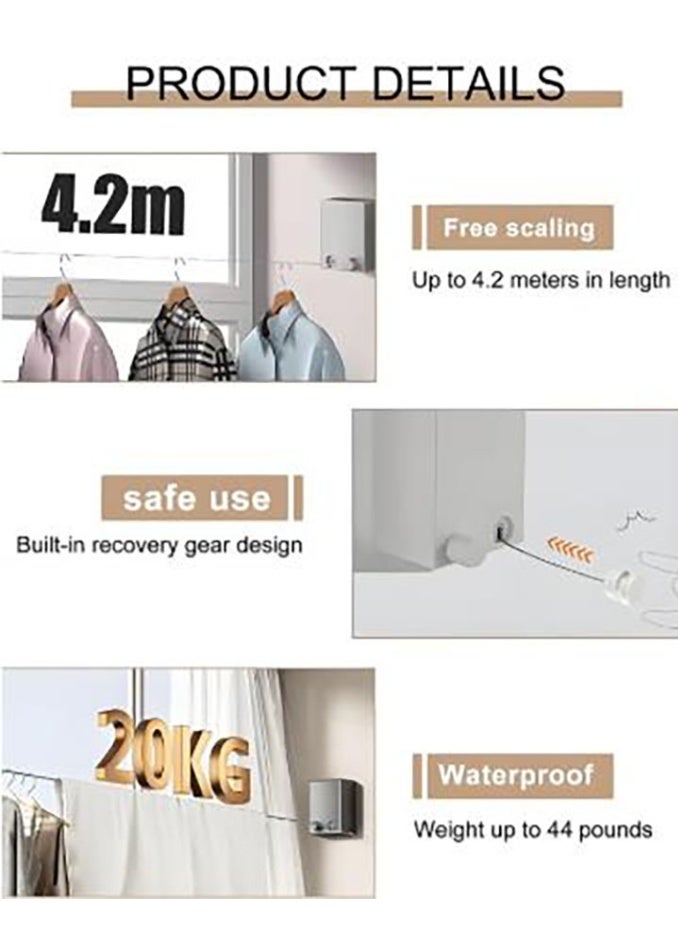 كيلا حبل غسيل تلسكوبي، حبل غسيل من الفولاذ المقاوم للصدأ، حبل غسيل لتجفيف الملابس مثبت على الحائط، حبل غسيل قابل للتعديل (4.2 متر) - Image 5