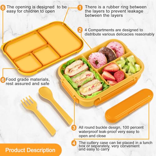 Amathley Lunch Box Kids,Bento Box Adult,Leakproof Lunch Containers for Adults/Kids/Toddler,1200ML-4 Compartments bento Lunch box with Utensil,Microwave & Dishwasher & Freezer Safe (Yellow) - Image 3